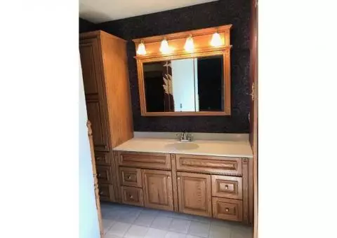 Solid Oak Bertch Bathroom Vanity with Side Closet, Mirror and Lighting